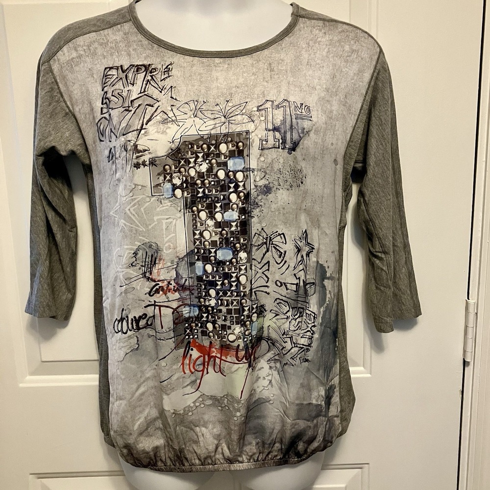 Le Comte Shirt Blouse US Size‎ 8 Art To Wear Artsy Print Gray Silver Women's